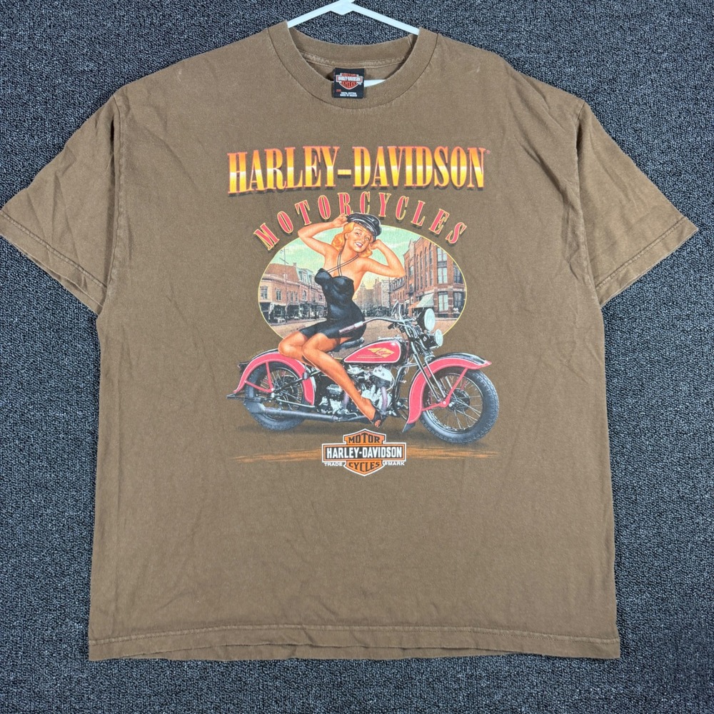 Harley-Davidson Pin Up Girl Motorcycle Graphic T-Shirt Brown Men XL Biker Grunge